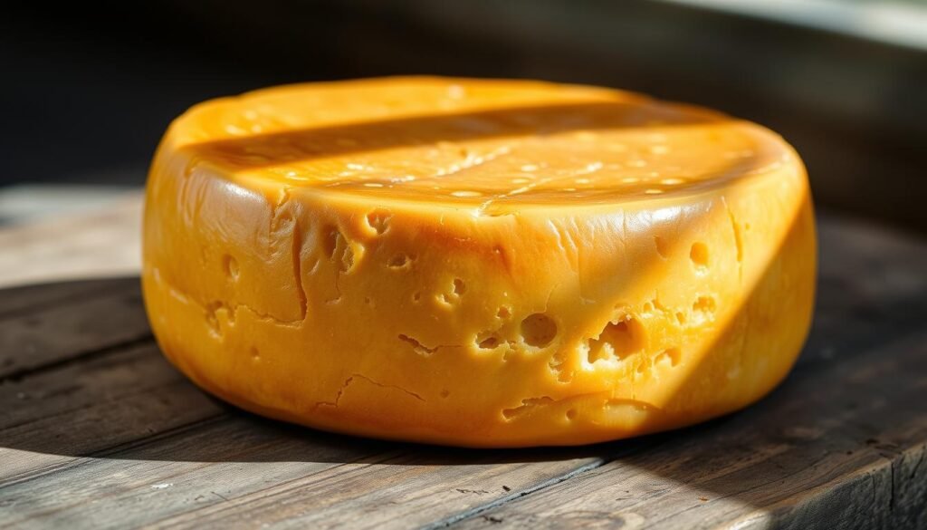 A beautifully crafted, artisanal-looking wheel of "queijo de força" cheese, resting on a rustic wooden surface. The cheese has a rich, golden-brown rind and a creamy, textured interior. Soft, natural lighting casts gentle shadows, highlighting the intricate details and the cheese's glistening surface. The camera angle is slightly elevated, creating a sense of presence and emphasizing the cheese's sturdy, substantial nature. The overall mood is one of quality, craftsmanship, and a dedication to natural, nutritious ingredients, conveying the essence of a strength-training supplement free from caffeine.