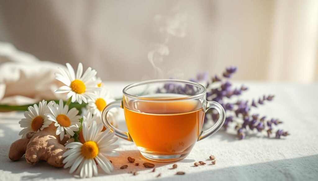 A beautifully lit still life scene featuring a steaming cup of warm, fragrant herbal tea, surrounded by various soothing botanicals associated with menstrual relief, such as chamomile, ginger, and lavender. The arrangement is carefully composed, with a soft, natural lighting that creates a calming, therapeutic atmosphere. The foreground elements are in sharp focus, while the background gently fades into a blurred, soothing neutral tone, drawing the viewer's attention to the central elements. The overall mood evokes a sense of comfort, relaxation, and natural remedies for the challenges of premenstrual syndrome.
