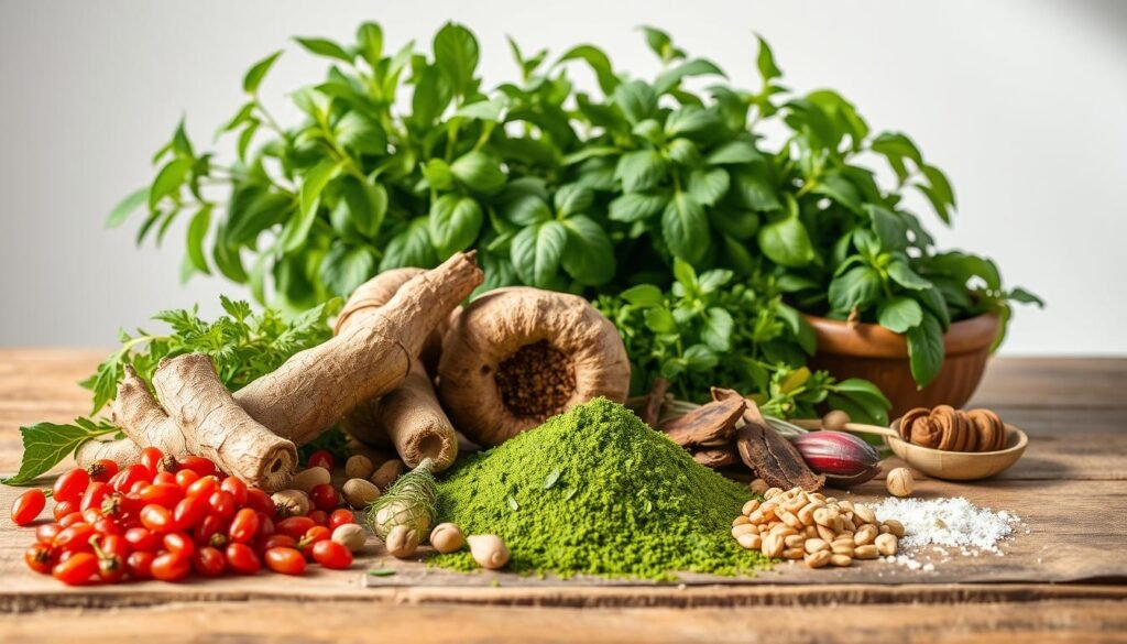 A bountiful arrangement of natural ingredients for physical vitality and well-being. In the foreground, a vibrant array of superfoods, such as goji berries, maca root, and spirulina powder, artfully displayed on a rustic wooden surface. In the middle ground, lush green plants and fresh herbs, their verdant leaves gently swaying in the soft, diffused lighting. The background hints at a minimalist, airy space, allowing the natural elements to take center stage. The overall mood is one of balance, purity, and a sense of rejuvenation, inviting the viewer to embrace the power of nature for a healthier, more energized physical state.