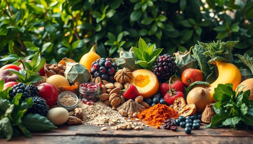 A bountiful display of natural energy boosters, overflowing with vibrant colors and earthy textures. In the foreground, a selection of whole fruits, nuts, and leafy greens, artfully arranged to capture their inherent vitality. The middle ground features a rustic wooden table, its surface adorned with a scattering of superfood powders and dried berries, hinting at the nourishing goodness within. Behind, a softly lit backdrop of lush, verdant foliage provides a serene, nature-inspired setting, evoking a sense of balance and rejuvenation. The entire scene is bathed in warm, golden light, creating a welcoming and inviting atmosphere, inviting the viewer to discover the natural alternatives to conventional energy sources.