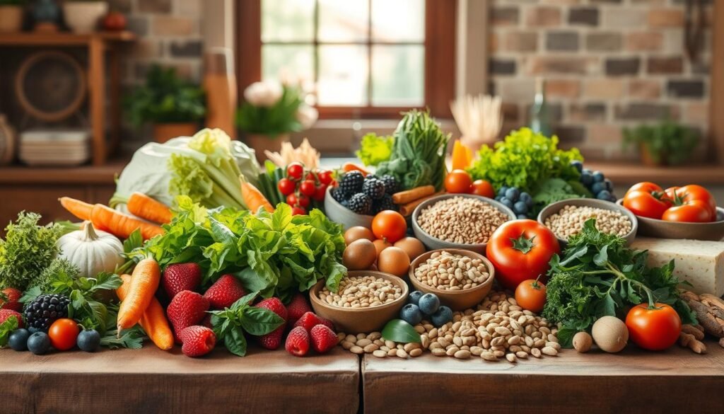 A bountiful still life composition showcasing a vibrant array of healthy, wholesome ingredients. In the foreground, an assortment of fresh fruits and vegetables - crisp greens, juicy berries, crunchy carrots, and succulent tomatoes - arranged artfully across a sturdy wooden table. The middle ground features a variety of whole grains, legumes, and nuts, their natural textures and earthy tones creating a harmonious balance. Bathed in warm, natural lighting that filters through a large window in the background, the scene emanates a sense of nourishment and vitality. The overall composition conveys a mood of confidence, simplicity, and the power of a well-balanced, nutrient-rich diet to provide sustainable energy without the need for artificial stimulants.