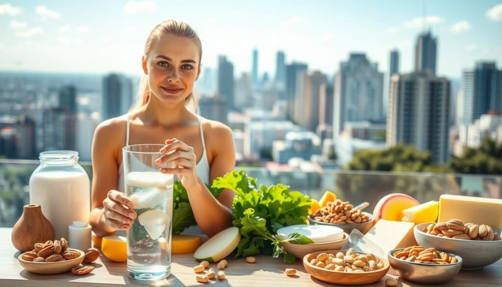 A bright and airy scene showcasing the benefits of calcium and vitamin D supplements. A confident, healthy-looking person stands in the foreground, holding a glass of supplement-infused water, bathed in natural light. In the middle ground, an assortment of calcium-rich foods like dairy products, leafy greens, and nuts. In the background, a vibrant cityscape with a clear blue sky, representing the outdoor activities and active lifestyle enabled by strong bones and muscles. The image conveys a sense of wellness, vitality, and the positive impact of these essential nutrients on overall health.