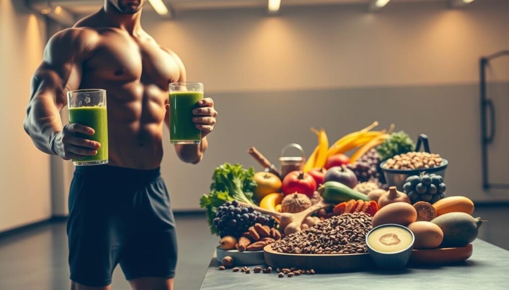 A bright, energetic scene showcasing the benefits of natural shakes for nighttime workouts. In the foreground, a muscular, athletic figure stands confidently, holding a vibrant green smoothie. The middle ground features an array of wholesome ingredients - fresh fruits, vegetables, nuts, and seeds - arranged in an appealing composition. The background depicts a modern, minimalist gym setting, with clean lines and warm, ambient lighting that creates a sense of focus and determination. The overall atmosphere conveys the idea of a balanced, nutrient-rich shake that can fuel a productive nighttime training session without the jitters of caffeine.