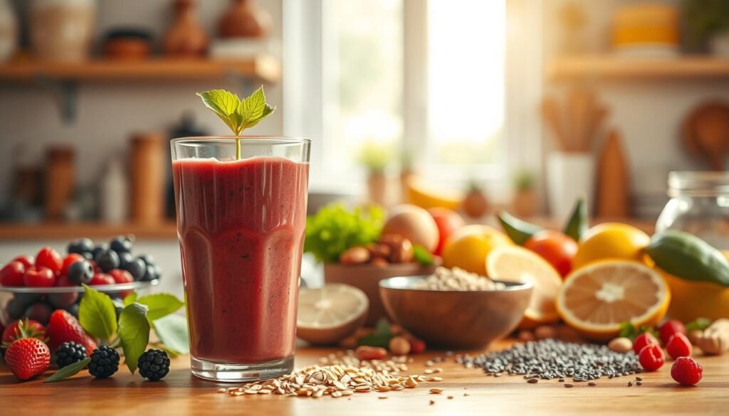 A bright, sun-drenched kitchen counter showcases an array of natural, energy-boosting ingredients. Vibrant berries, crunchy nuts, and fragrant citrus fruits are artfully arranged, inviting the viewer to create wholesome, nourishing "receitas energéticas". Warm lighting casts a cozy glow, highlighting the bounty of nature's offerings. In the foreground, a few key items stand out - a smoothie glass brimming with a nutrient-dense blend, a bowl of rolled oats, and a scattering of chia seeds. The overall scene radiates a sense of vitality and wellness, inspiring the viewer to incorporate these wholesome foods into their daily routine.