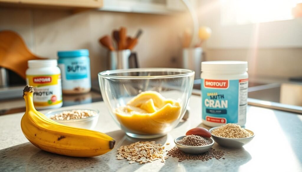 A brightly lit kitchen countertop with a ripe banana, a glass mixing bowl, and an array of pre-workout supplements. Sunlight streams in through a nearby window, casting a warm glow over the scene. The banana is halved, revealing its vibrant yellow flesh, ready to be blended into a homemade pre-workout smoothie. Surrounding the bowl, various fitness-focused ingredients like oats, chia seeds, and protein powder are neatly arranged, hinting at the nutritious and energizing concoction to be created. The overall atmosphere exudes a sense of health, vitality, and a dedication to fueling one's workout routine with natural, wholesome ingredients.