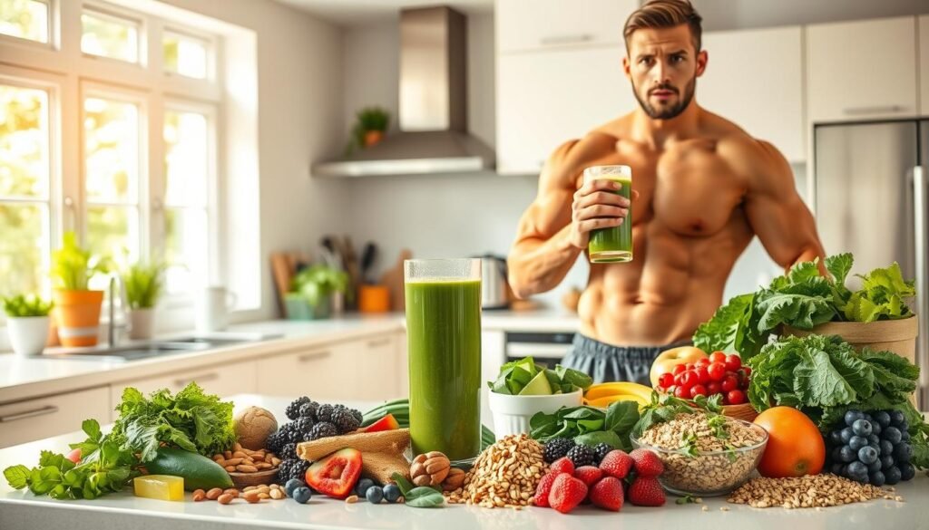 A brightly lit kitchen scene with a countertop display of various superfoods and nutrient-dense ingredients. In the foreground, a muscular, athletic person standing with a determined expression, holding a glass of freshly blended green smoothie. The middle ground features an array of whole foods such as leafy greens, berries, nuts, seeds, and whole grains. The background showcases a clean, modern kitchen with natural light streaming in from large windows. The lighting is warm and even, accentuating the vibrant colors of the foods. The overall atmosphere conveys a sense of health, energy, and vitality, perfectly capturing the essence of "energy for training without caffeine".