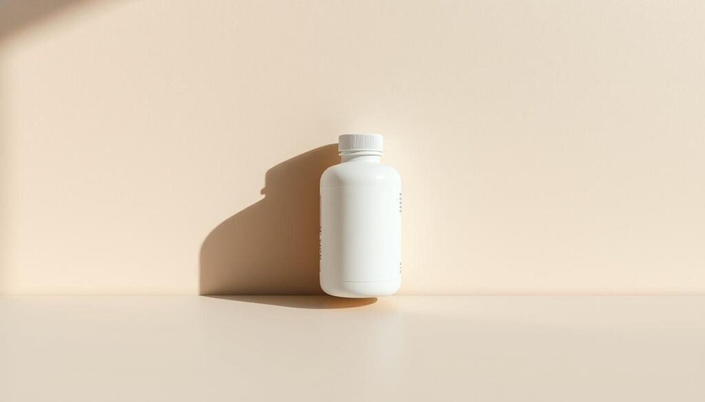 A carefully composed still life scene featuring a clean, minimalist white bottle with a simple label, prominently displayed on a neutral, slightly textured background. The bottle casts a soft, natural shadow, suggesting warm, indirect lighting from the side. The overall composition is balanced and visually appealing, conveying a sense of clarity, focus, and mental sharpness. The scene evokes a calm, professional mood, reflecting the subject of a non-caffeinated, cognition-enhancing supplement.