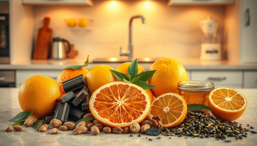 A clean, well-lit kitchen counter displaying an assortment of natural energy boosters - fresh citrus fruits, dark chocolate, nuts, and green tea leaves. Soft, warm lighting casts a golden glow, highlighting the vibrant colors and textures of the ingredients. The composition is balanced, with the items arranged in an inviting, artful manner. The overall atmosphere is one of health, vitality, and a natural alternative to the typical caffeine fix. A sense of calm, mindful energy pervades the scene, reflecting the benefits of these wholesome substitutes for coffee.