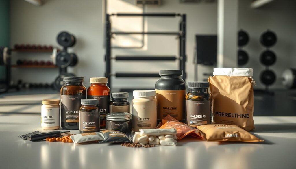 A clean, well-lit still life scene showcasing an assortment of high-quality, stimulant-free sports supplements. The foreground features a selection of bottles, jars, and packets in muted, earthy tones, arranged with care on a sleek, minimalist surface. The middle ground offers a glimpse of a gym environment, with a weight rack and other workout equipment visible in the background, suggesting the intended use of these supplements. The lighting is soft and natural, casting subtle shadows and highlights that accentuate the textures and shapes of the products. The overall atmosphere is one of quality, precision, and a commitment to performance without the use of caffeine or other stimulants.