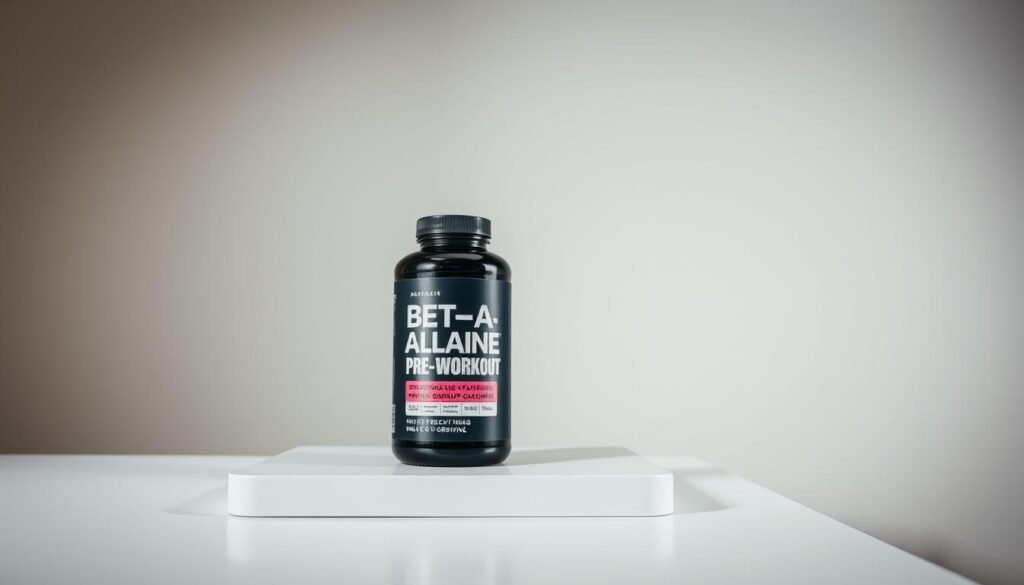A clean, well-lit studio showcasing a pre-workout supplement bottle prominently displayed on a sleek, modern table. The bottle's design is minimalist and eye-catching, featuring a bold label with the words "Beta-Alanine Pre-Workout" in a clean, sans-serif font. The lighting is bright and even, creating a sense of clarity and focus, with subtle shadows adding depth and dimension to the scene. The background is a neutral, off-white color, allowing the product to take center stage. The overall atmosphere conveys a sense of professionalism, quality, and a dedication to performance and fitness.
