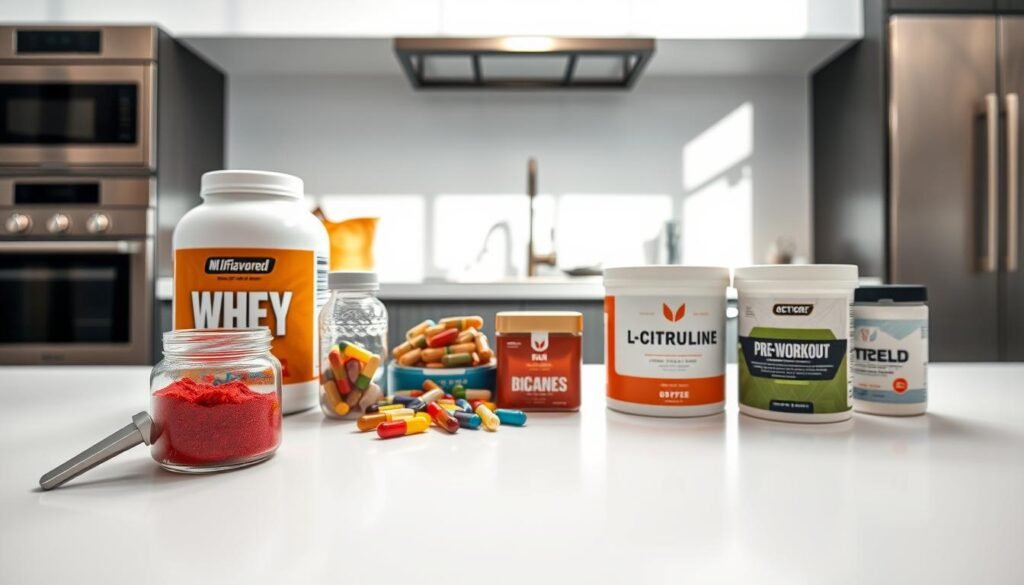 A clean white countertop with various pre-workout supplement ingredients arranged neatly. In the foreground, a glass jar filled with bright red powder, next to a scoop, a bottle of unflavored whey protein, and a shaker bottle. In the middle, a pile of different colored capsules, a jar of BCAAs, and a tub of L-citrulline powder. The background features a minimalist kitchen setting with stainless steel appliances and natural light filtering in through a large window, creating a bright and airy atmosphere. The scene conveys a sense of organization, health, and an active lifestyle without reliance on caffeine.