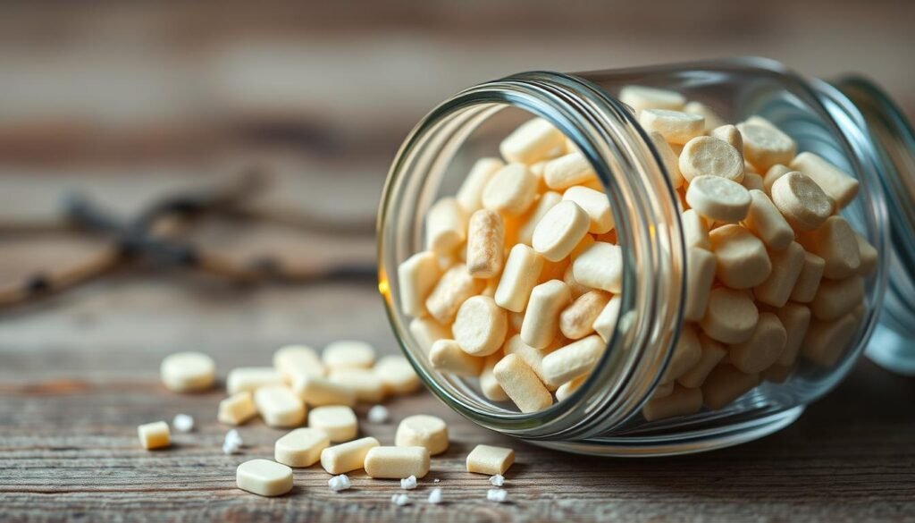 A close-up of a glass container filled with whole, unprocessed tryptophan amino acid supplements, with a soft, warm lighting illuminating the contents from the side. The container is positioned on a wooden surface, creating a natural, earthy backdrop that complements the organic nature of the subject. The image conveys a sense of purity, simplicity, and the potential benefits of this essential nutrient for improving mood and overall well-being.