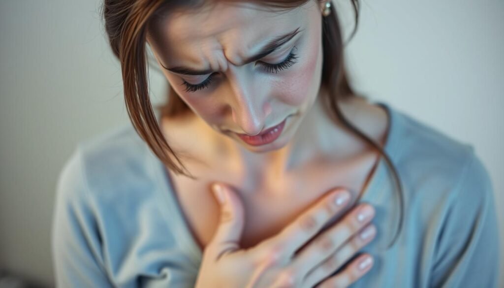 A close-up portrait of a woman experiencing the physical and emotional symptoms of premenstrual syndrome (PMS), such as cramps, bloating, fatigue, and irritability. The subject has a slightly pained expression, with her hand gently resting on her lower abdomen. The lighting is soft and diffused, creating a contemplative mood. The background is blurred and neutral, keeping the focus on the woman's facial features and body language, which convey the discomfort and disruptive nature of PMS. The composition is framed tightly, emphasizing the personal and relatable nature of the experience.