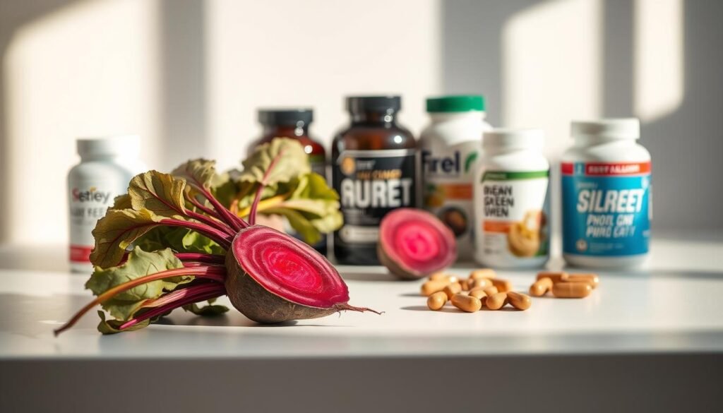 A close-up shot of a beet and various health supplement bottles arranged on a clean, minimalist table. Soft, natural lighting from the side creates gentle shadows, highlighting the textures and colors. The beet appears vibrant and fresh, juxtaposed against the polished, clinical look of the supplements. The composition emphasizes the comparison between the natural, whole-food option and the synthetic supplements, inviting the viewer to consider the cost-effectiveness and overall benefits of each. The scene projects a sense of thoughtful consideration, encouraging the viewer to ponder the merits of pre-workout options.