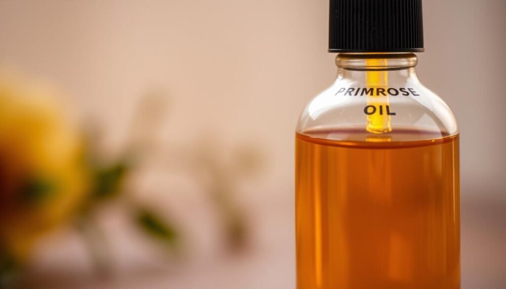 A close-up shot of a glass bottle filled with a golden, amber-colored liquid, illuminated by warm, soft lighting. The bottle's label features the text "Primrose Oil" in a clean, modern font. The liquid appears to have a rich, viscous texture, hinting at its potent and nourishing properties. The background is slightly blurred, drawing the viewer's focus to the central bottle and its contents. The overall mood is one of natural wellness, tranquility, and the promise of relief from menstrual discomfort.