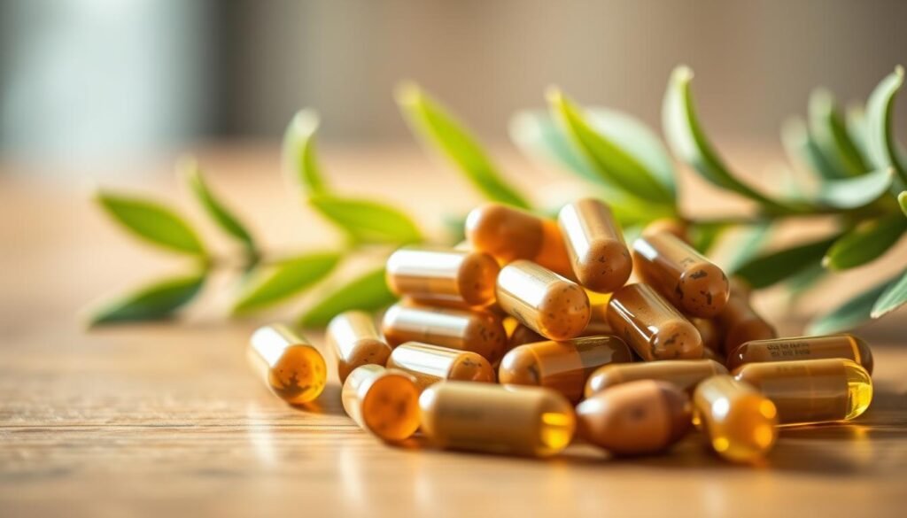 A close-up shot of a group of natural herbal capsules in a soft, warm lighting. The capsules are arranged on a wooden surface, with a blurred background featuring soothing greenery. The capsules have a distinct, earthy color palette, evoking a sense of natural healing. The composition is balanced, with the capsules taking up the majority of the frame, conveying their centrality as the focus of the image. The overall mood is one of tranquility and reassurance, suitable for a section on natural remedies for menstrual cramps.