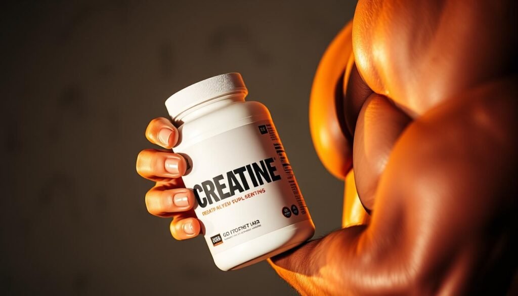 A close-up shot of a muscular arm holding a white container of creatine supplements against a blurred background. Warm studio lighting casts dramatic shadows, emphasizing the defined musculature. The container's label is visible, showcasing the product's name and branding. The overall scene conveys a sense of strength, focus, and the importance of creatine in fueling intense workout sessions.