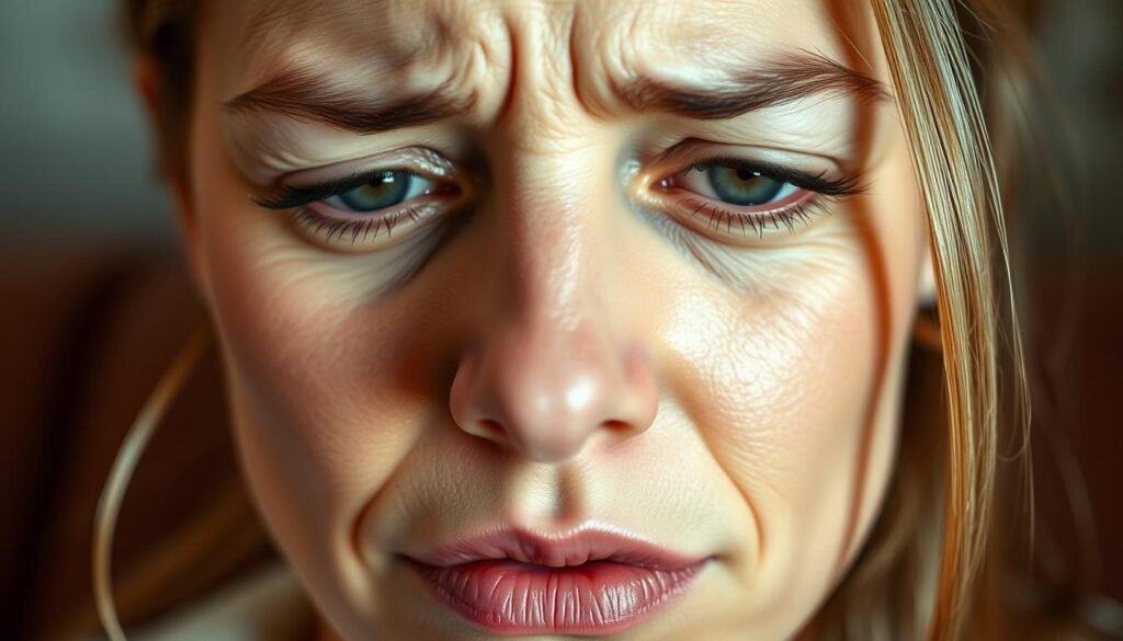 A close-up view of a woman's face, expressing a range of emotional symptoms associated with premenstrual syndrome (PMS). Her forehead is furrowed, her eyes are slightly puffy, and her lips are pursed in a pained expression. The lighting is soft and flattering, with warm tones that convey a sense of vulnerability and intimacy. The background is slightly blurred, placing the focus squarely on the woman's face and the subtle, yet telling, physical manifestations of her PMS experience. The overall mood is one of empathy, understanding, and a desire to provide comfort and relief.