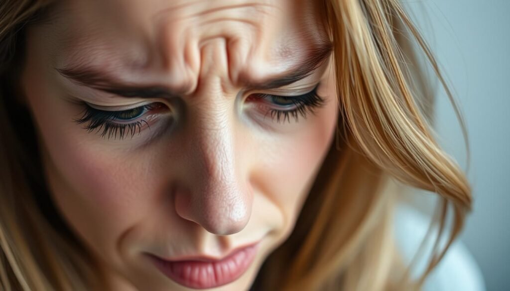 A close-up view of a woman's face, her expression conveying a range of emotions associated with premenstrual syndrome (PMS). Her brow is furrowed, her eyes are slightly narrowed, and her lips are pursed, suggesting discomfort and mild irritability. The lighting is soft and diffused, creating a sense of intimacy and introspection. The background is blurred, placing the focus entirely on the woman's facial features and the subtle symptoms of PMS.