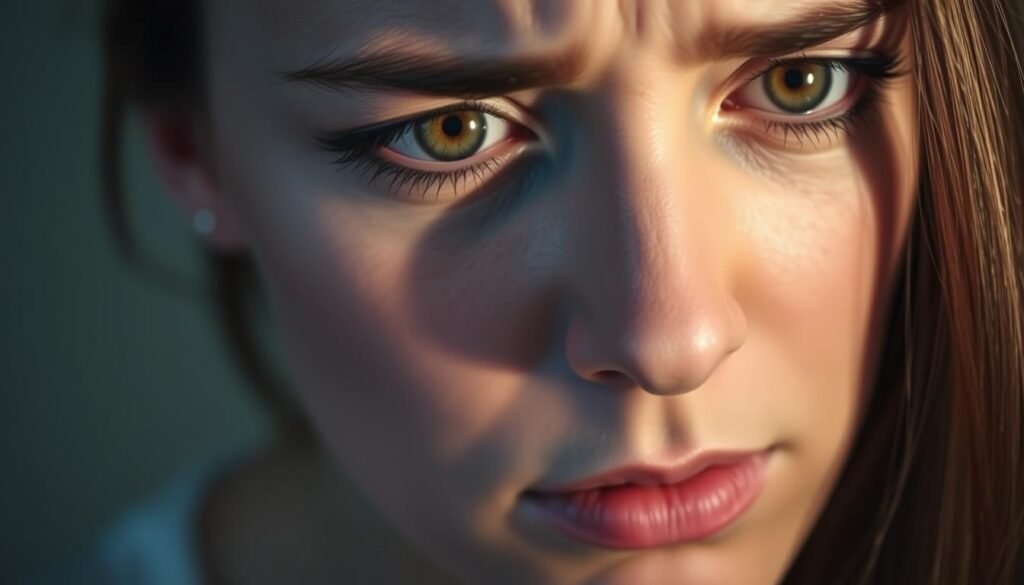 A close-up view of a woman's face, her eyes slightly narrowed, brow furrowed, with a pensive, anxious expression. The lighting is soft and diffused, creating a sense of introspection and vulnerability. The background is blurred, placing the focus on the subject's facial features and emotional state. The image conveys the physiological and psychological symptoms of premenstrual syndrome (PMS), such as increased anxiety, irritability, and mood swings, reflecting the relationship between PMS and anxiety.