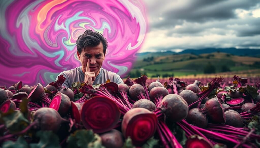 A colorful and vibrant depiction of the potential side effects of consuming beets. In the foreground, a person experiences a range of reactions, their face flushed, eyes widened, and body language conveying discomfort. Surrounding them, a swirling vortex of psychedelic patterns and hues, suggesting the powerful and sometimes unpredictable impact of this nutritious root vegetable. The middle ground features an array of beets in various stages of growth, their deep red tones casting an eerie glow. In the background, a blurred landscape of rolling hills and a cloudy sky, emphasizing the sense of unease and uncertainty. Dramatic lighting, with sharp contrasts and shadows, heightens the sense of drama and tension. Captured with a wide-angle lens to create a sense of immersion and impact.
