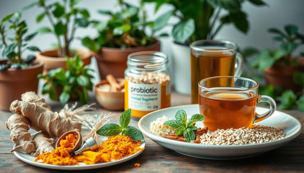 A colorful still life displaying a variety of natural foods and supplements that can help alleviate menstrual cramps. In the foreground, a plate showcases a selection of ginger, turmeric, fennel, chamomile, and peppermint, all known for their anti-inflammatory and digestive properties. In the middle ground, a glass jar contains a probiotic supplement, while a bowl of whole grain oats and a glass of warm herbal tea sit nearby. The background features a lush, natural setting with potted plants and soft, diffused lighting, creating a soothing, wholesome atmosphere. The overall composition evokes a sense of calm and wellness, reflecting the idea of using natural remedies to find relief from menstrual discomfort.