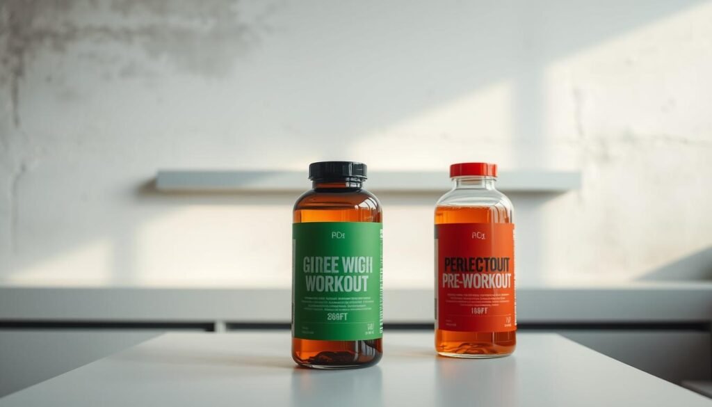 A comparison of pre-workout supplements on a modern, minimalist table. In the foreground, two sleek glass bottles filled with clear liquids, one with a green label, the other with a red label. In the middle ground, a clean white backdrop, illuminated by soft, natural light from the side. The background features a simple, textured concrete wall, adding a sense of industrial chic. The overall atmosphere is calm, crisp, and inviting, highlighting the clean, uncluttered design of the products. The image conveys a sense of discernment and intentionality in the selection of pre-workout supplements, emphasizing their purity and functionality.