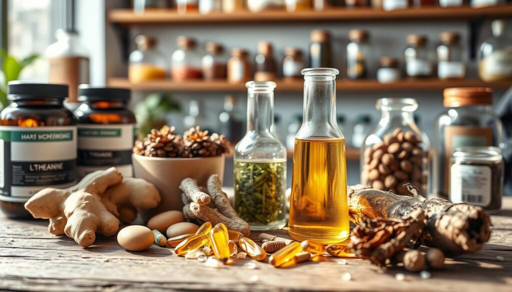 A composition showcasing the essential ingredients for a homemade pre-workout formula. In the foreground, arrange an assortment of natural supplements such as L-theanine, ginger, chamomile, and valerian root in an artful still life. Position them on a wood or stone surface, bathed in soft, natural lighting. In the middle ground, include a glass beaker or test tube filled with a calming herbal tincture. In the background, have a sense of a modern, well-stocked home apothecary with shelves of jars and bottles. The overall mood should convey a sense of wholesome, handcrafted wellness and relaxation.