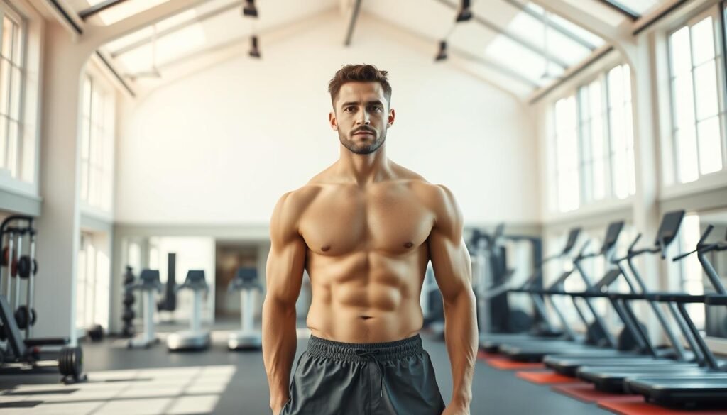 A confident individual standing in a well-lit gym, wearing athletic attire and sporting a determined expression. The scene features a sleek, modern interior with high ceilings and large windows, allowing natural light to flood the space. The foreground showcases the person's strong, toned physique, while the middle ground includes various fitness equipment such as weightlifting racks, treadmills, and exercise mats. The background depicts a serene, calming atmosphere, with soothing colors and minimal distractions, creating an environment that promotes mental focus and physical well-being. The overall mood conveys a sense of control, discipline, and the ability to overcome pre-workout anxiety through a balanced and mindful approach to exercise.