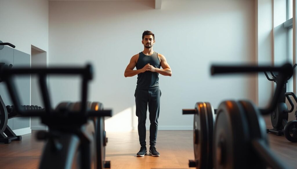 A confident person standing in a well-lit gym, performing a pre-workout routine. The figure is in the center, surrounded by blurred exercise equipment in the foreground and a clean, minimalist background. The lighting is warm and natural, creating a sense of calm and focus. The person's posture is upright and relaxed, conveying a sense of mental clarity and control over their pre-workout anxiety. The scene evokes a serene, meditative atmosphere, emphasizing the importance of mindfulness and self-awareness in managing pre-workout jitters.