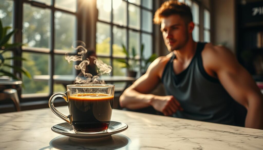 A cozy café setting, sunlight filtering through large windows, illuminating a cup of steaming hot coffee placed on a marble-topped table. The café's atmosphere exudes a sense of calm and focus, perfect for a pre-workout ritual. The coffee's rich aroma and deep brown hue beckon, inviting the viewer to savor the moment. In the foreground, a confident individual, dressed in athletic attire, takes a sip, their expression suggesting a sense of anticipation and determination. The café's décor is minimalist, with clean lines and muted tones, allowing the coffee to take center stage. The scene captures the intersection of relaxation and preparation, a testament to the potential benefits of incorporating coffee into one's pre-workout routine.