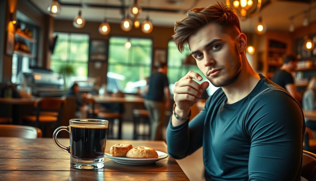 A cozy café setting, the aroma of freshly brewed coffee permeates the air. On a wooden table, a steaming cup of dark, rich espresso sits invitingly, accompanied by a pastry or light snack. The lighting is warm and gentle, casting a soft glow over the scene. In the foreground, a confident individual, dressed in athletic attire, takes a sip of the coffee, a look of anticipation and focus on their face, ready to embark on their workout routine. The background features the bustling activity of the café, with patrons chatting and the occasional barista moving with purpose. The overall mood is one of energy, inspiration, and the perfect pre-workout boost.