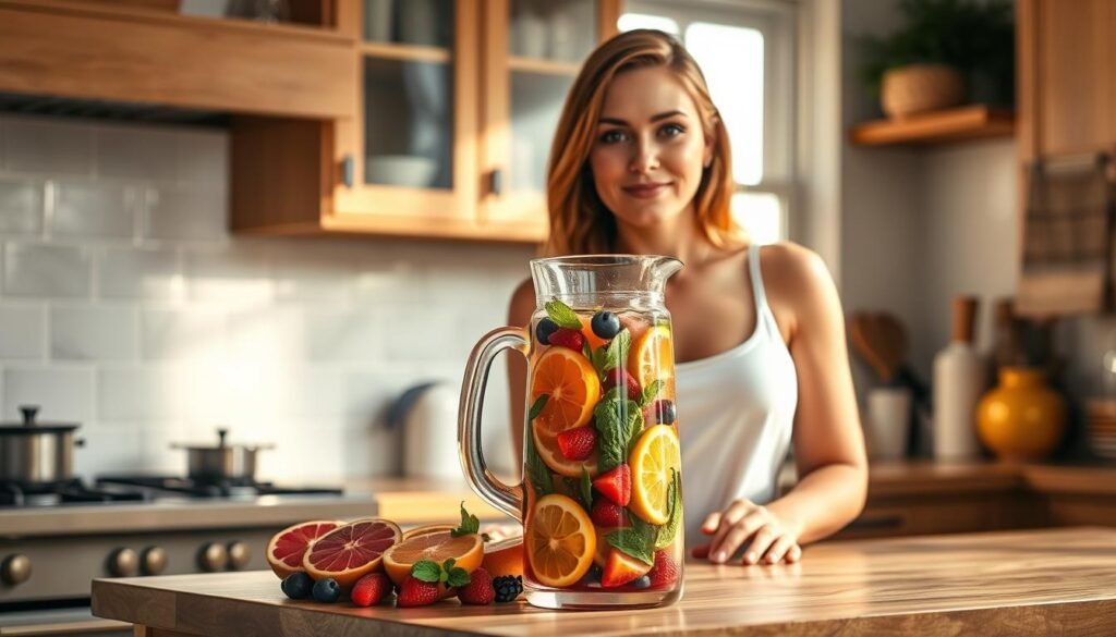 A cozy kitchen counter, warm lighting filtering through a window, showcases a homemade energy drink. Glass pitcher filled with a vibrant, caffeine-free concoction of fresh fruits, herbs, and natural sweeteners. Sliced citrus, berries, and sprigs of mint create a visually appealing and aromatic display. A confident woman, her expression serene, stands beside the pitcher, her hands resting on the counter, as if presenting her healthy, homemade creation. The overall scene conveys a sense of balance, wellness, and effortless preparation of a nourishing, energizing beverage.