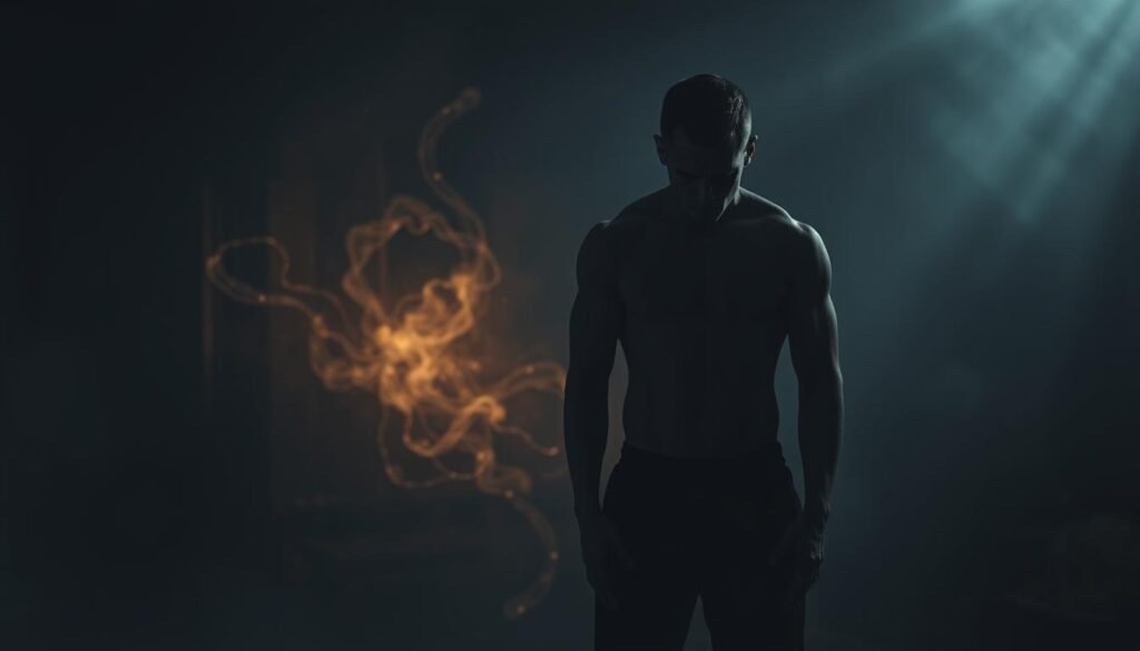 A dark, anxious figure stands in the foreground, their body tense and expression troubled. In the middle ground, swirling energy and distorted shapes suggest the internal turmoil of pre-workout anxiety. The background is a hazy, claustrophobic environment, with a dim, moody lighting that casts long shadows and creates an oppressive atmosphere. The overall composition conveys the overwhelming, overwhelming nature of anxiety before exercise, with the subject struggling to find clarity and control amidst the chaos.