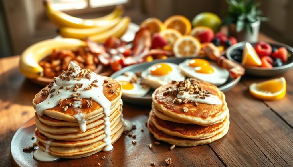 A delectable spread of high-protein breakfast items arranged on a rustic wooden table, bathed in warm, natural lighting. In the foreground, a stack of fluffy, golden-brown banana pancakes, drizzled with a rich, creamy yogurt topping and sprinkled with toasted nuts and seeds. In the middle ground, a platter of perfectly cooked eggs, prepared in various styles - scrambled, poached, and fried - alongside crispy, sizzling bacon. In the background, a selection of fresh, vibrant fruits, including sliced bananas, berries, and juicy citrus wedges. The scene exudes an inviting, nourishing atmosphere, encouraging the viewer to indulge in a satisfying and protein-packed breakfast experience.