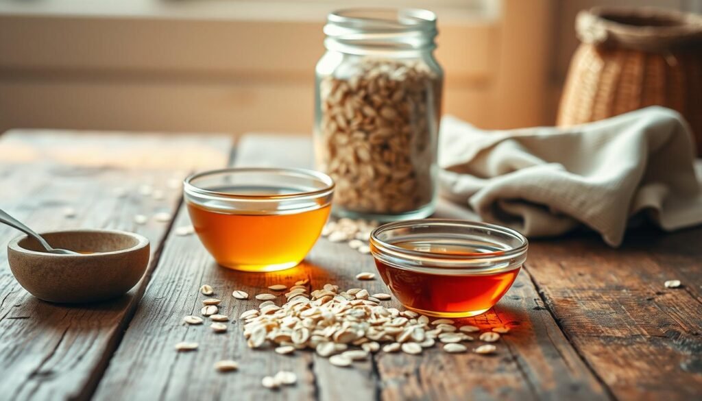 A delightful and wholesome scene of a healthy pre-workout preparation with oats and honey. In the foreground, a rustic wooden table is adorned with a small glass bowl filled with golden honey, a spoon, and a handful of oats spilled about. In the middle ground, a glass jar containing the dry oats takes center stage, its contents visible through the translucent glass. The background features a warm, natural lighting, perhaps from a nearby window, casting a soft glow over the scene. The overall atmosphere is inviting, earthy, and evokes a sense of simplicity and nourishment, perfectly capturing the essence of "energy natural" for this pre-workout recipe.