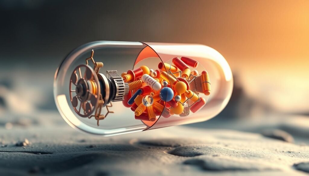 A detailed 3D scene of the inner workings of a brain supplement capsule. The foreground features a cross-section of the capsule, revealing a complex network of nano-scale mechanisms and delivery systems. The middle ground depicts the capsule's active ingredients - nootropic compounds, amino acids, and vitamins - being absorbed and integrated into the brain's neural networks. The background showcases a serene, meditative landscape representing the calm, focused mental state achieved through the supplement's effects. Soft, warm lighting casts a natural glow, and a shallow depth of field emphasizes the intricate details. The overall scene conveys the supplement's holistic approach to enhancing cognitive function without reliance on stimulants.