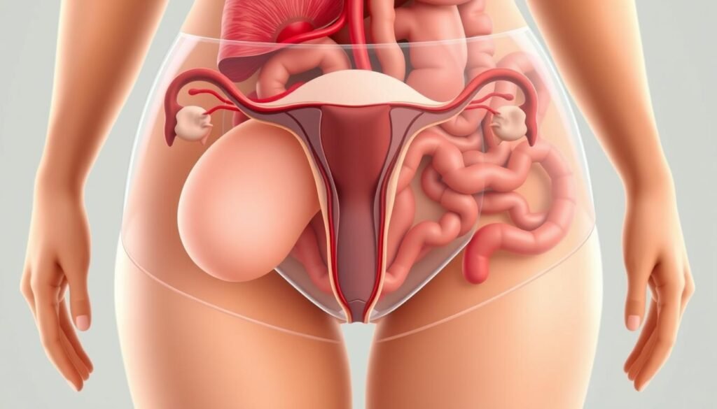 A detailed anatomical illustration of the internal organs responsible for causing abdominal cramps and heavy menstrual flow. The scene features a stylized, partially transparent midsection with the uterus, ovaries, and gastrointestinal tract prominently displayed. The foreground showcases the uterus, its musculature, and the surrounding blood vessels, highlighting the factors that can lead to painful menstrual cramps. The middle ground depicts the ovaries and their role in hormonal imbalances, while the background reveals the intestines and their potential influence on heavy bleeding. The illustration is rendered in a clean, medical illustration style with soft lighting and a neutral color palette to convey a sense of authority and professionalism.
