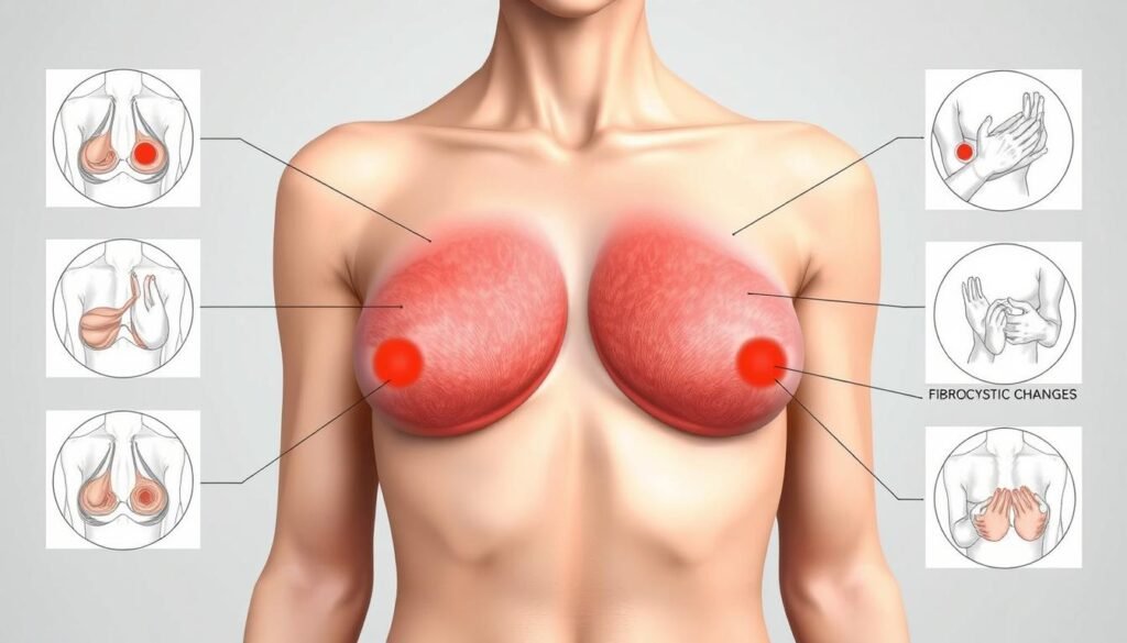 A detailed anatomical illustration of various types of breast pain, presented in a clean, scientific style. The central focus is a cutaway view of a female torso, revealing the intricate structures of the breasts, from the skin and fatty tissue to the underlying muscle and glandular structures. Surrounding this central image are smaller, labeled diagrams highlighting specific pain points, such as cystic lumps, fibrocystic changes, and localized tenderness. The overall lighting is soft and even, with a neutral color palette emphasizing the clinical nature of the visualization. The composition is well-balanced, with the key elements arranged in a grid-like layout to aid in comprehension. This image aims to provide a clear, informative resource for understanding the various manifestations of breast pain.