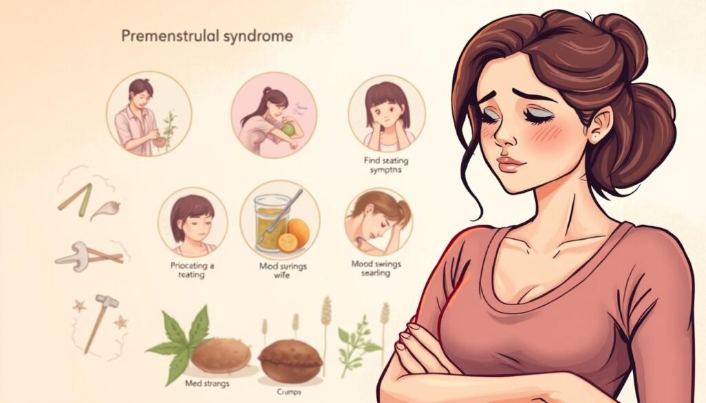 A detailed illustration of the common symptoms of premenstrual syndrome (PMS), depicted in a realistic, natural style. The foreground showcases a confident, empowered woman experiencing physical and emotional changes, with a middle ground highlighting specific symptoms like bloating, cramps, and mood swings. The background sets a calming, earthy tone, with soothing colors and herbal elements that evoke natural remedies. Warm, soft lighting casts a gentle glow, and the overall composition conveys a sense of understanding and support for those navigating the challenges of PMS.