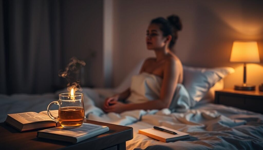 A dimly lit bedroom with soft, warm lighting creating a cozy, relaxing atmosphere. On a bedside table, a steaming mug of herbal tea, a book, and a small notebook with a pen. In the foreground, a person sitting upright in bed, looking peaceful and focused, ready to unwind and prepare for a restful night. The scene conveys a sense of intentional self-care and mindfulness, free from distractions or stimulants, as they transition into the evening.