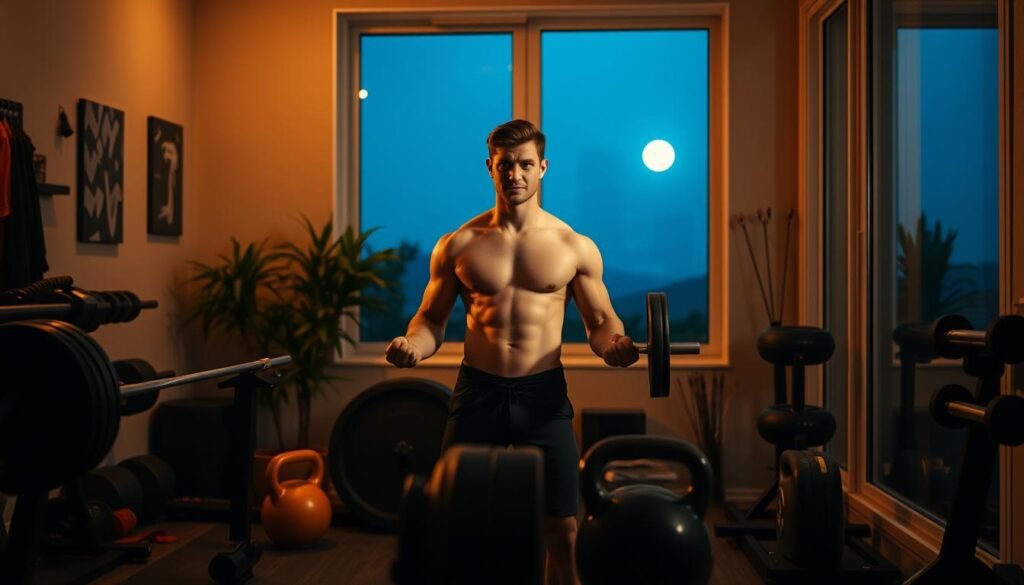A dimly lit, cozy home gym at night. The scene features a confident, fit individual mid-workout, bathed in warm, ambient lighting. Barbells, kettlebells, and other exercise equipment are arranged neatly in the foreground, creating a sense of focus and discipline. In the background, a large window offers a view of a serene, moonlit landscape, evoking a peaceful, rejuvenating atmosphere. The overall composition conveys the benefits of evening exercise: increased energy, better sleep, and a sense of personal accomplishment.