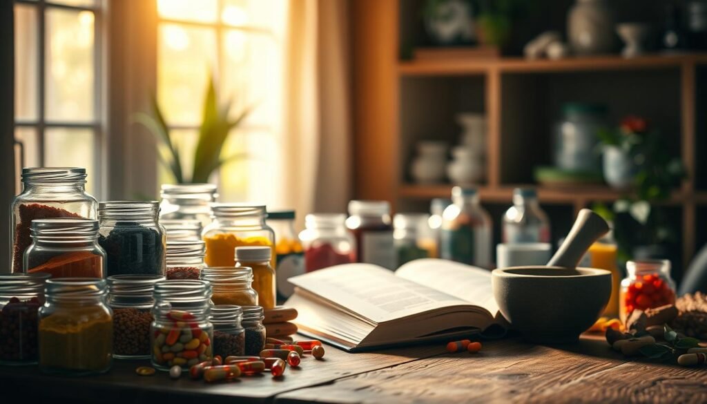 A dimly lit, cozy interior scene showcasing a variety of natural supplements and vitamins. In the foreground, a glowing, sunlit window casts a warm glow on a collection of glass jars and bottles filled with vibrant, colorful powders and capsules. The middle ground features a wooden table displaying an open book, a mortar and pestle, and other natural wellness tools. The background is softly blurred, evoking a sense of tranquility and focus. The scene conveys a feeling of confidence and expertise in natural health remedies, suitable for illustrating the "Suplementos Naturais e Vitaminas" section of the article "Combata Cansaço Crônico com Métodos Naturais."