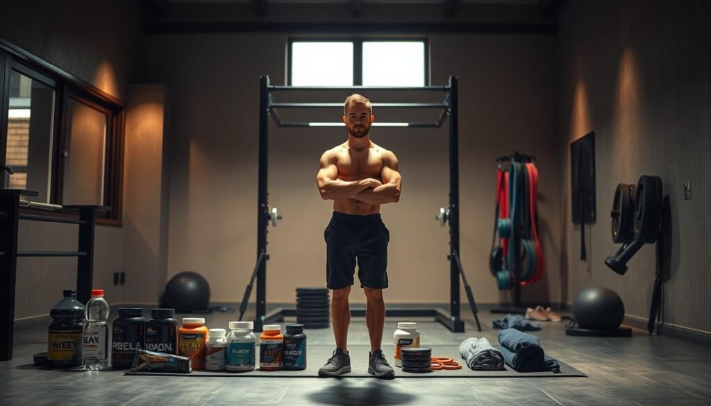 A dimly lit, modern home gym with a sleek, minimalist aesthetic. In the foreground, a confident person stands in front of a neatly arranged assortment of pre-workout supplements, water bottles, and towels. The middle ground features a state-of-the-art weight rack, resistance bands, and a high-quality exercise mat. The background is softly illuminated, with warm, natural lighting filtering through large windows, creating a cozy, inviting atmosphere. The overall scene conveys a sense of focus, discipline, and a dedication to a healthier lifestyle without the need for caffeine-based pre-workouts.
