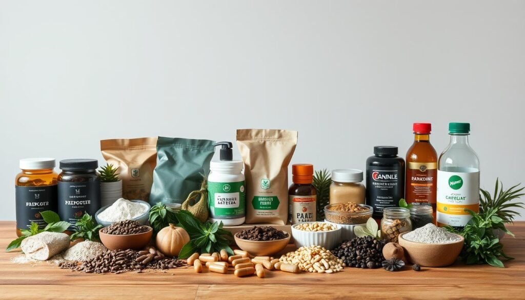 A diverse array of natural, caffeine-free pre-workout ingredients arranged on a wooden table, with clean studio lighting and a simple yet elegant background. An assortment of plant-based powders, capsules, and liquid supplements occupy the foreground, meticulously displayed to showcase their natural origins and potential benefits. The mid-ground features a minimalist, uncluttered setting, allowing the focus to remain on the carefully curated selection of performance-enhancing, stimulant-free formulations. The overall atmosphere conveys a sense of purity, efficacy, and a commitment to natural fitness solutions for those seeking a caffeine-free boost before their evening workout routine.