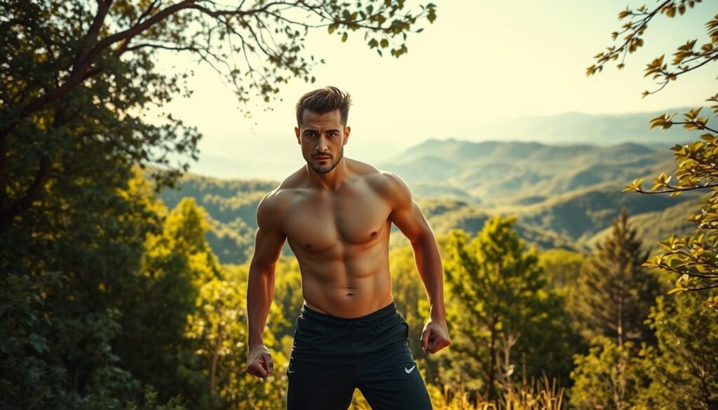 A dynamic and focused individual standing amidst a natural landscape, their expression radiating determination. The foreground features the person in an athletic stance, wearing activewear that accentuates their muscular physique. The middle ground showcases a lush, verdant forest, with sunlight filtering through the canopy, creating a warm, invigorating atmosphere. In the background, rolling hills and distant mountains provide a sense of scale and depth, evoking a serene, untamed environment. The overall composition conveys a powerful blend of physical prowess, mental focus, and a connection to the natural world, capturing the essence of "foco e resistência com pré-treino natural."