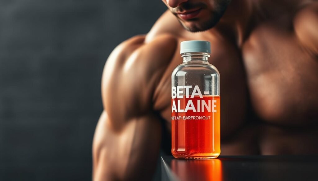 A dynamic, close-up photograph showcasing the effects of beta-alanine in a pre-workout supplement. The foreground features a muscular arm against a contrasting, muted background, with subtle lighting highlighting the definition of the muscles. The middle ground shows a transparent bottle containing a vibrant, neon-colored liquid, representing the potent beta-alanine formula. The background subtly suggests a gym or fitness setting, creating an atmosphere of strength and performance. The overall composition conveys a sense of focus, energy, and the transformative power of this key pre-workout ingredient.