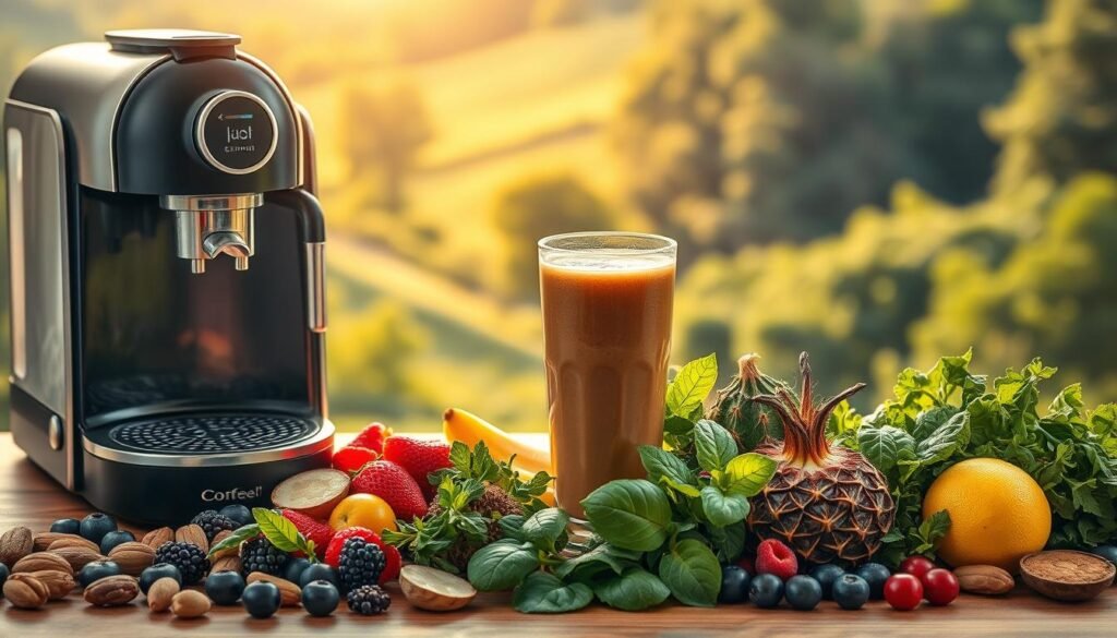 A dynamic still life scene highlighting the contrast between caffeinated beverages and natural energy sources. In the foreground, a sleek espresso machine stands alongside an array of vibrant, whole-food ingredients like berries, nuts, and leafy greens. The middle ground showcases a glass of iced coffee alongside a refreshing smoothie, their colors and textures juxtaposed. In the background, a lush, verdant landscape hints at the restorative power of nature. Warm, golden lighting casts a tranquil glow, drawing the viewer's eye to the central comparison. The overall mood is one of balance, vitality, and an invitation to explore healthier alternatives to traditional caffeine sources.