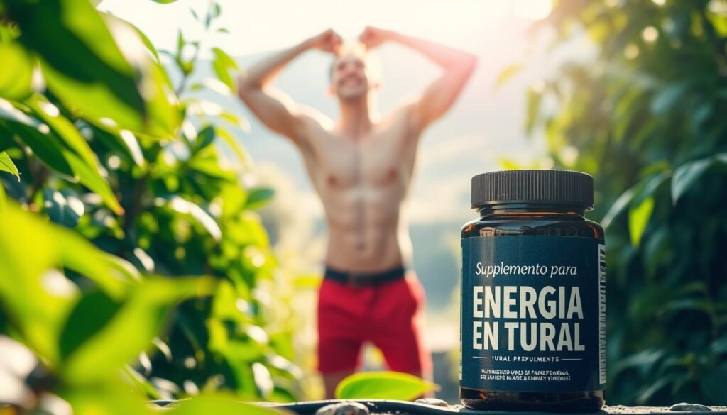 A dynamic, vibrant natural energy supplement in the foreground, surrounded by lush, verdant foliage and the warm glow of natural sunlight. The supplement bottle is positioned prominently, its label showcasing the words "Suplemento para Energia Natural" in a bold, eye-catching typography. The lighting is soft and diffused, creating a serene and inviting atmosphere. In the middle ground, a fit, energetic individual stands tall, radiating vitality and confidence, their expression reflecting the natural boost provided by the supplement. The background features a blurred, idyllic landscape, hinting at the supplement's connection to the great outdoors and a healthy, active lifestyle. The overall scene conveys the natural, rejuvenating power of the supplement, perfectly complementing the article's focus on using Maca Peruana and Rhodiola for pre-workout enhancement.