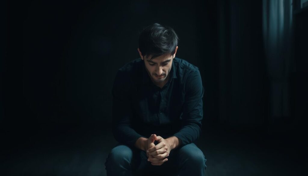 A fatigued individual, their posture slumped and eyes downcast, sits alone in a dimly lit room. The lighting is soft and moody, creating shadows that accentuate the person's weary expression. The background is blurred, keeping the focus on the subject's face and body language, which convey a sense of physical and mental exhaustion. The composition is centered, with the person positioned in the middle of the frame, emphasizing their isolated state. The overall atmosphere is one of subdued melancholy, reflecting the symptoms of fatigue and low energy.